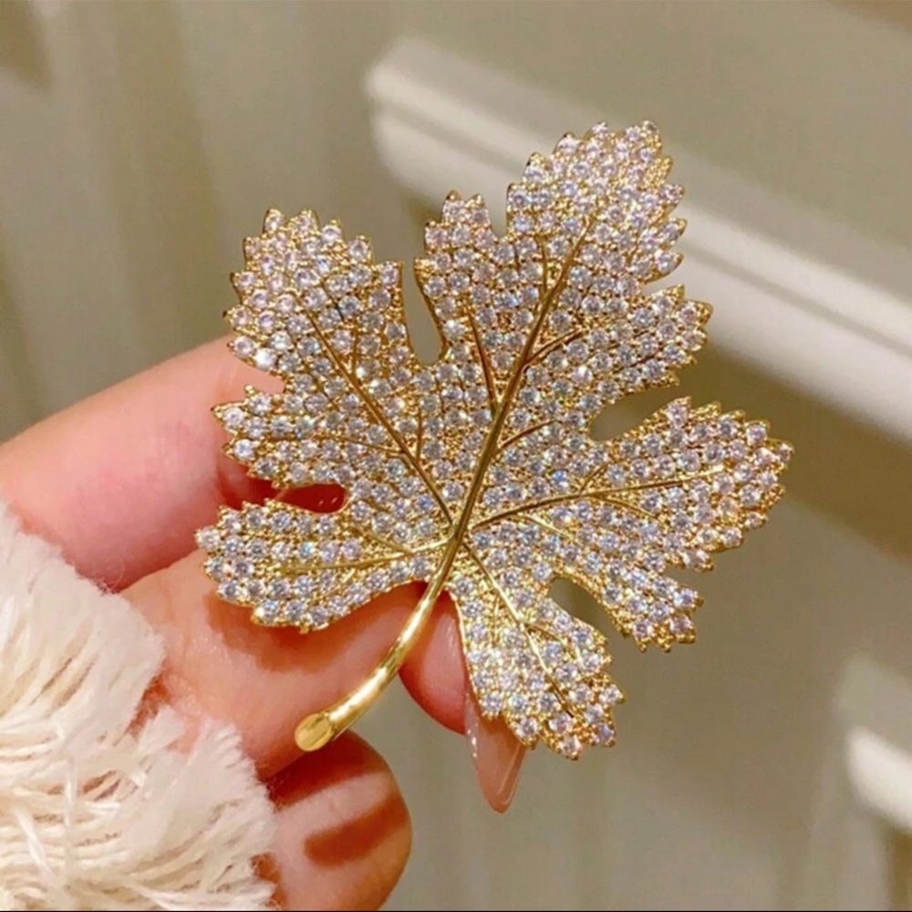 Elegant Gold Leaf Brooch, Sparkling Rhinestone Leaf Brooch